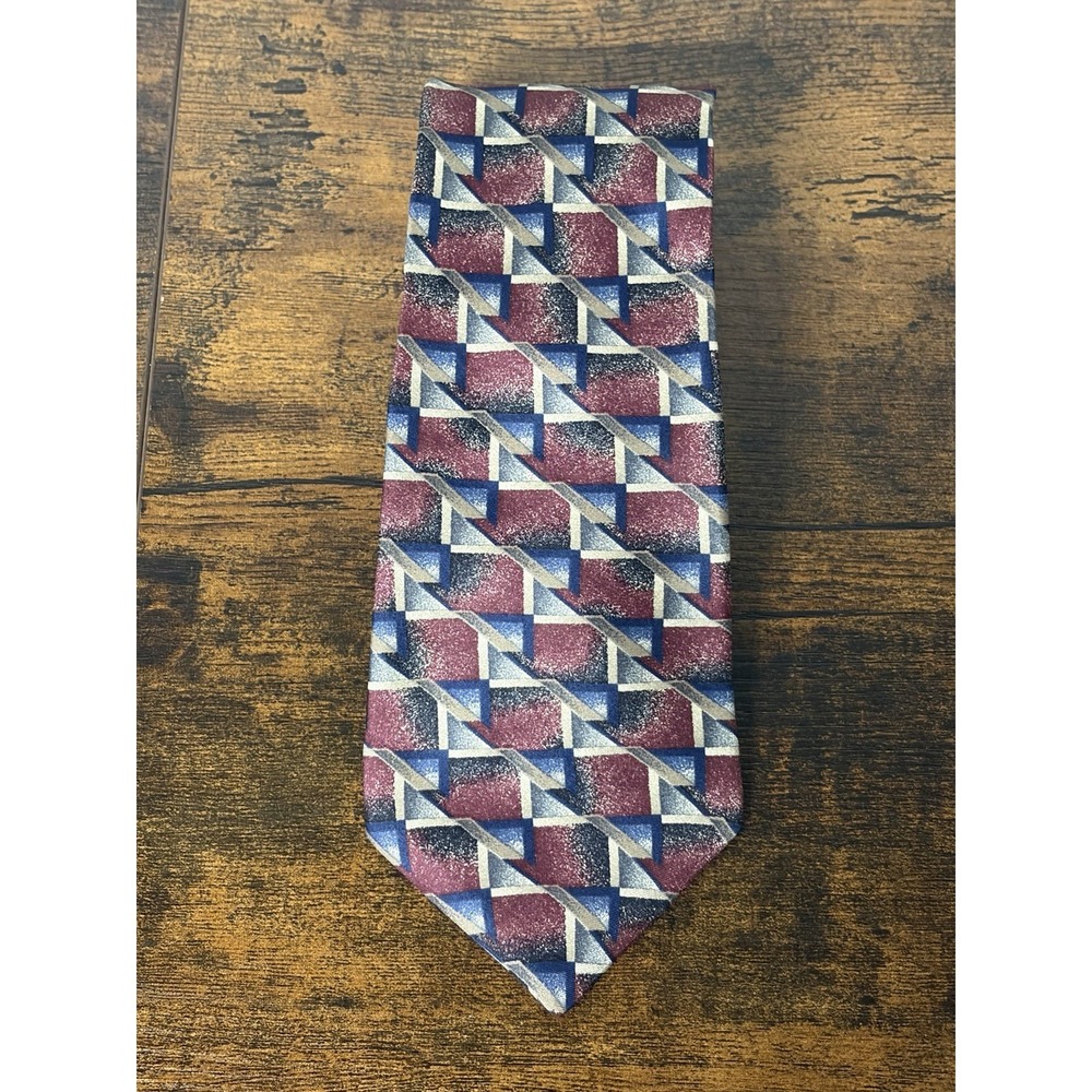 Vintage Barrington Italian Silk Tie Red‎ Bronze Gray Blue Abstract 58" USA Made
